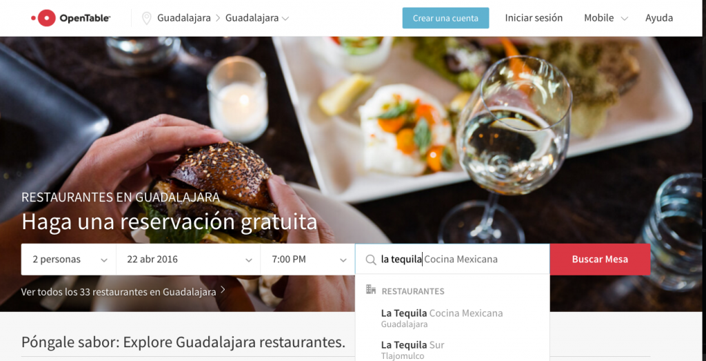 Foto interfaz de Opentable